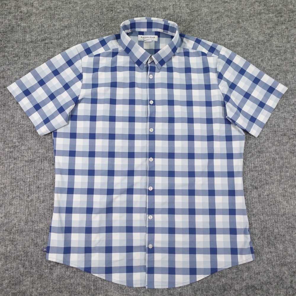 Mizzen+Main Performance Menswear‎ XL Trim Blue Check Plaid Short Sleeve Shirt